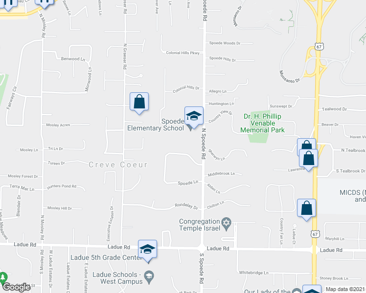 map of restaurants, bars, coffee shops, grocery stores, and more near 26 Spoede Lane in Creve Coeur
