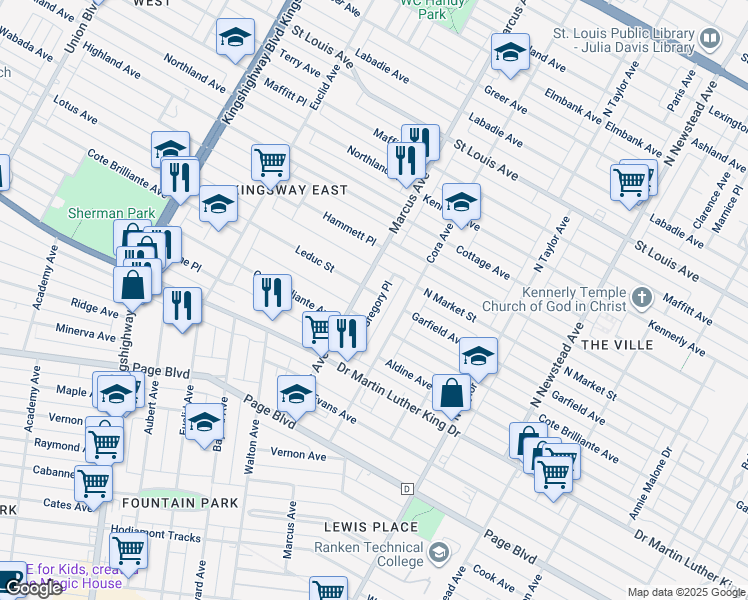 map of restaurants, bars, coffee shops, grocery stores, and more near 4634 Leduc Street in St. Louis