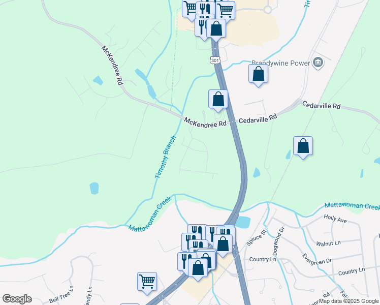 map of restaurants, bars, coffee shops, grocery stores, and more near 16305 McKendree Road in Brandywine