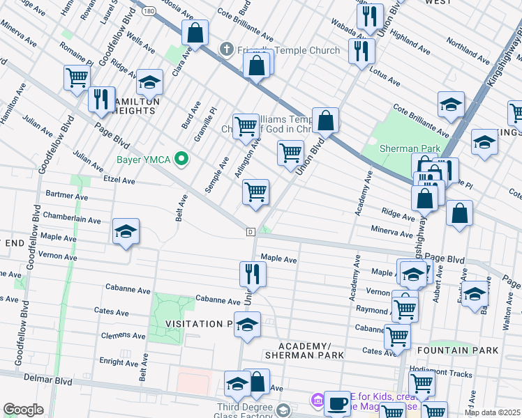 map of restaurants, bars, coffee shops, grocery stores, and more near 5300 Minerva Avenue in St. Louis