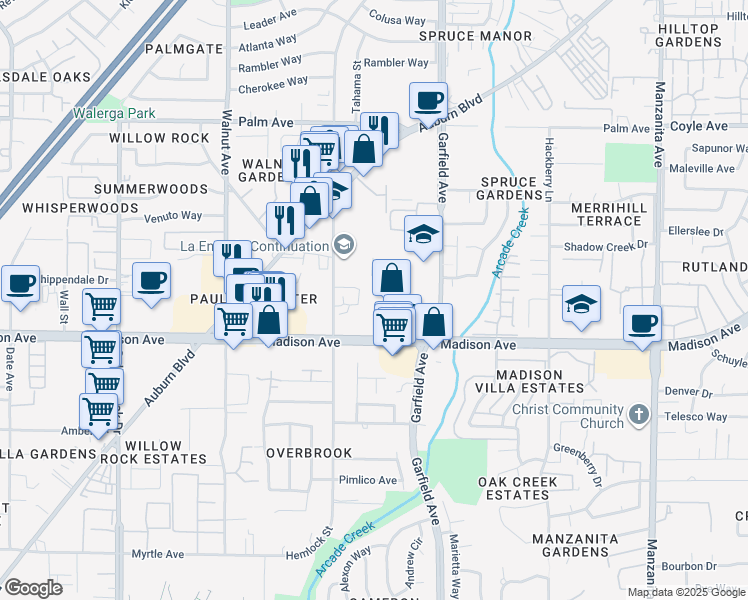 map of restaurants, bars, coffee shops, grocery stores, and more near 5300 Laurel Hills Drive in Sacramento