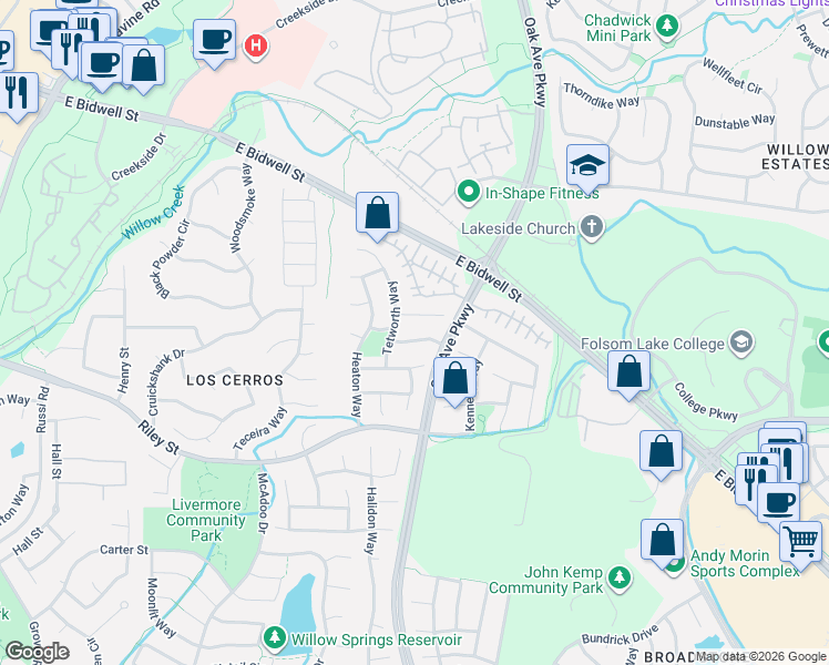 map of restaurants, bars, coffee shops, grocery stores, and more near 102 Northolt Court in Folsom