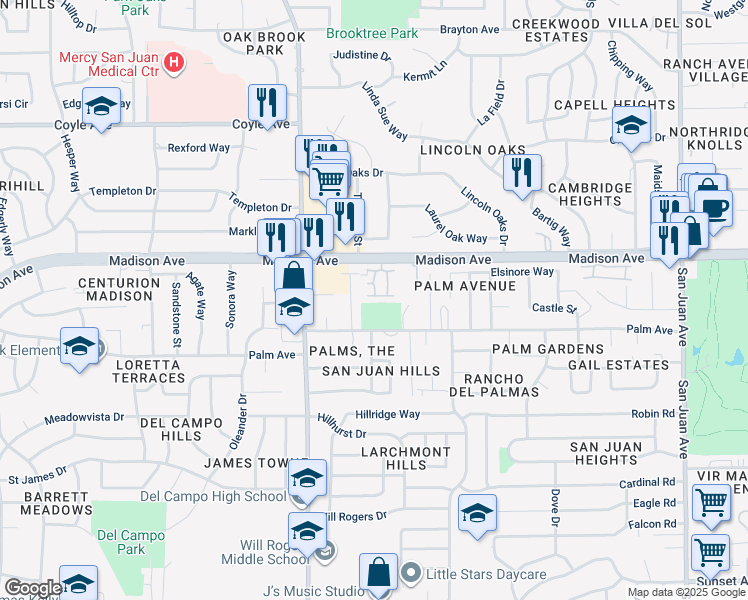 map of restaurants, bars, coffee shops, grocery stores, and more near 5368 Sablewood Lane in Fair Oaks
