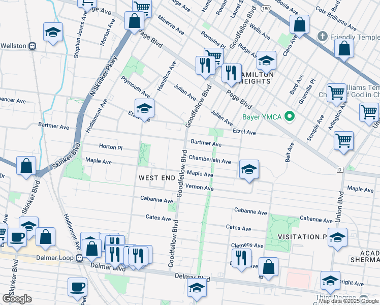 map of restaurants, bars, coffee shops, grocery stores, and more near 5748 Bartmer Avenue in St. Louis