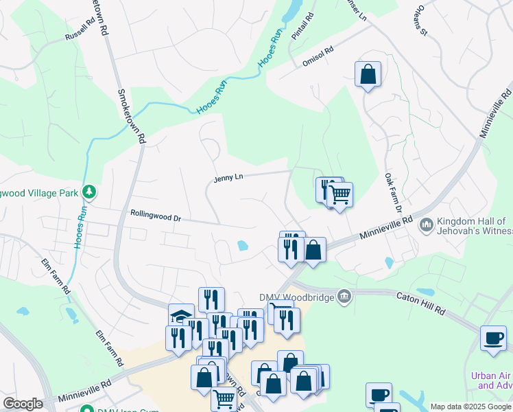 map of restaurants, bars, coffee shops, grocery stores, and more near 13520 Litza Way in Woodbridge