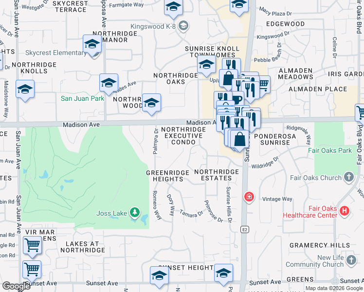 map of restaurants, bars, coffee shops, grocery stores, and more near 7771 Chaparral Way in Fair Oaks