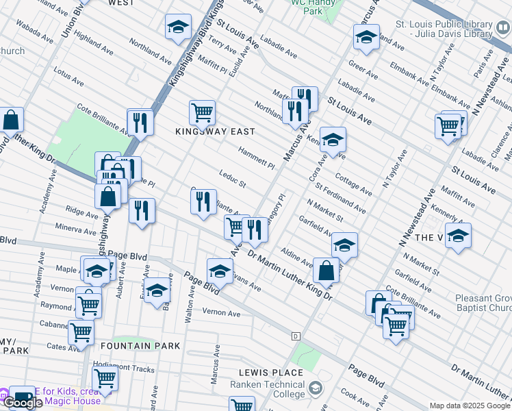 map of restaurants, bars, coffee shops, grocery stores, and more near 1743 Marcus Avenue in St. Louis