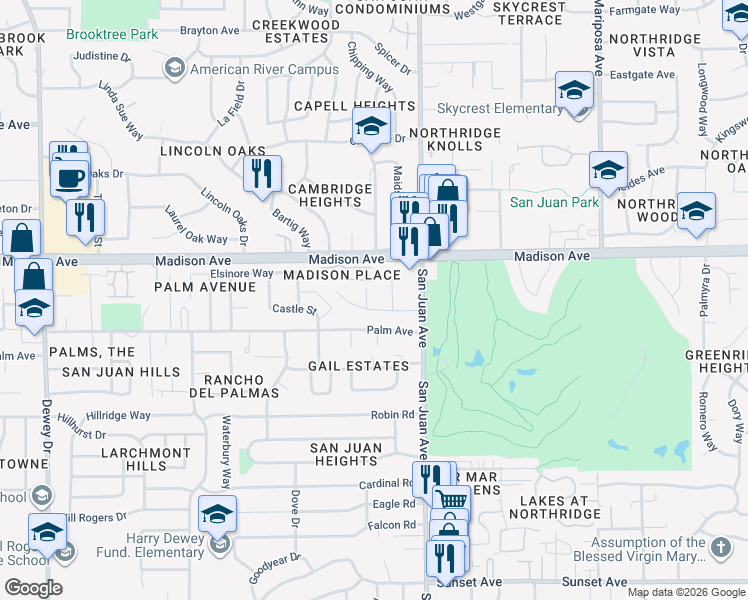 map of restaurants, bars, coffee shops, grocery stores, and more near 5312 Ronnie Street in Fair Oaks