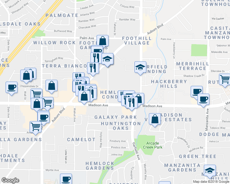 map of restaurants, bars, coffee shops, grocery stores, and more near 5316 Hemlock Street in Sacramento