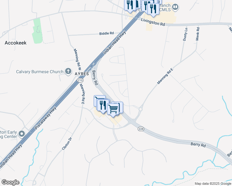 map of restaurants, bars, coffee shops, grocery stores, and more near 16606 Caribbean Way in Accokeek