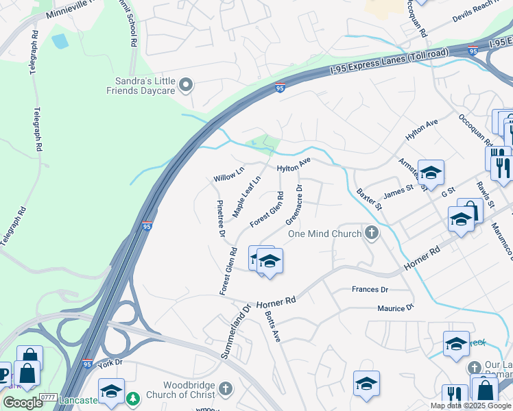 map of restaurants, bars, coffee shops, grocery stores, and more near 1809 Irene Court in Woodbridge