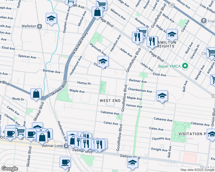 map of restaurants, bars, coffee shops, grocery stores, and more near 18 Parkland Place in St. Louis