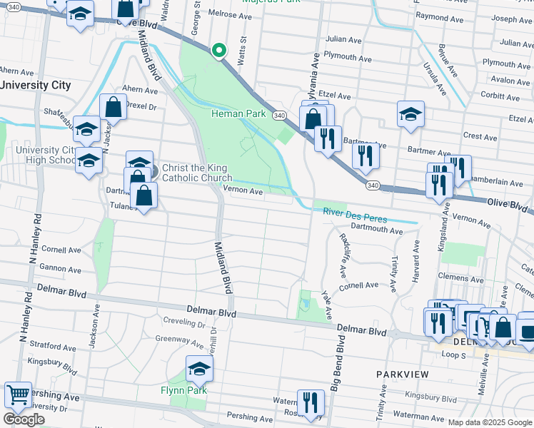 map of restaurants, bars, coffee shops, grocery stores, and more near 7049 Dartmouth Avenue in University City