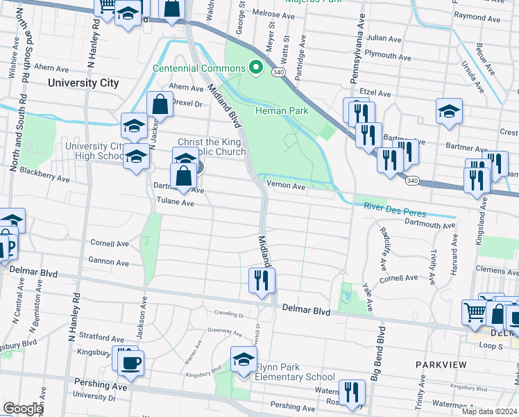 map of restaurants, bars, coffee shops, grocery stores, and more near 912 Midland Boulevard in University City