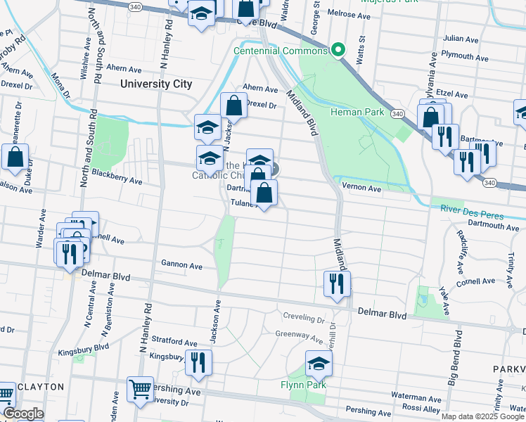 map of restaurants, bars, coffee shops, grocery stores, and more near 7323 Tulane Avenue in University City