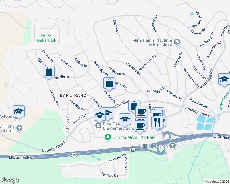 map of restaurants, bars, coffee shops, grocery stores, and more near 3500 Somera Court in Cameron Park