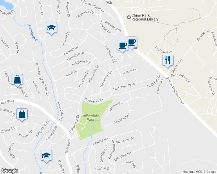 map of restaurants, bars, coffee shops, grocery stores, and more near 4317 Hendricks Drive in Woodbridge