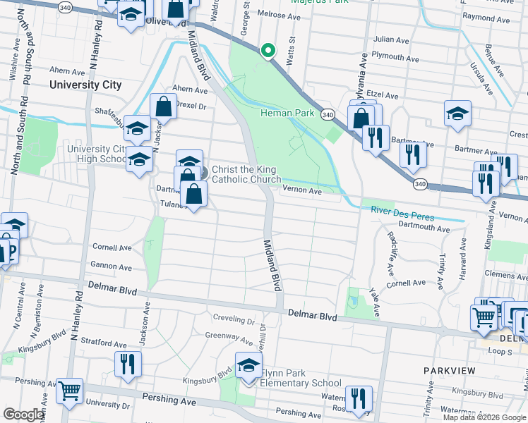 map of restaurants, bars, coffee shops, grocery stores, and more near 7201 Tulane Avenue in University City