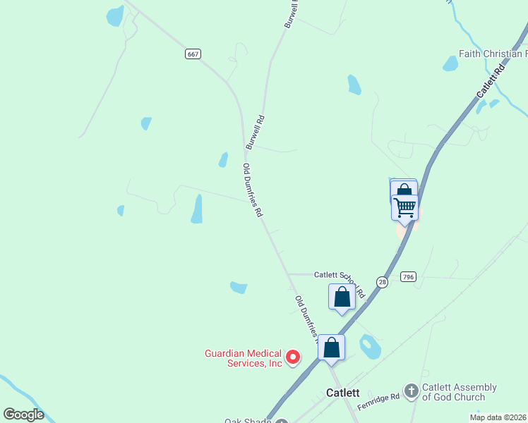 map of restaurants, bars, coffee shops, grocery stores, and more near 9163 Old Dumfries Road in Catlett