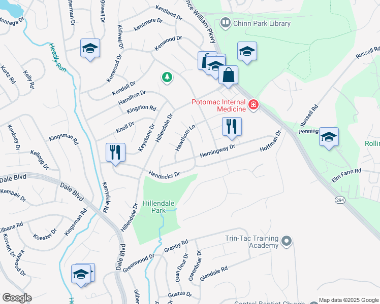 map of restaurants, bars, coffee shops, grocery stores, and more near 4317 Hendricks Drive in Woodbridge