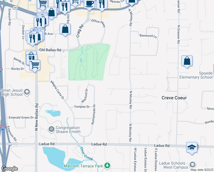 map of restaurants, bars, coffee shops, grocery stores, and more near 11351 Mosley Lane in Creve Coeur