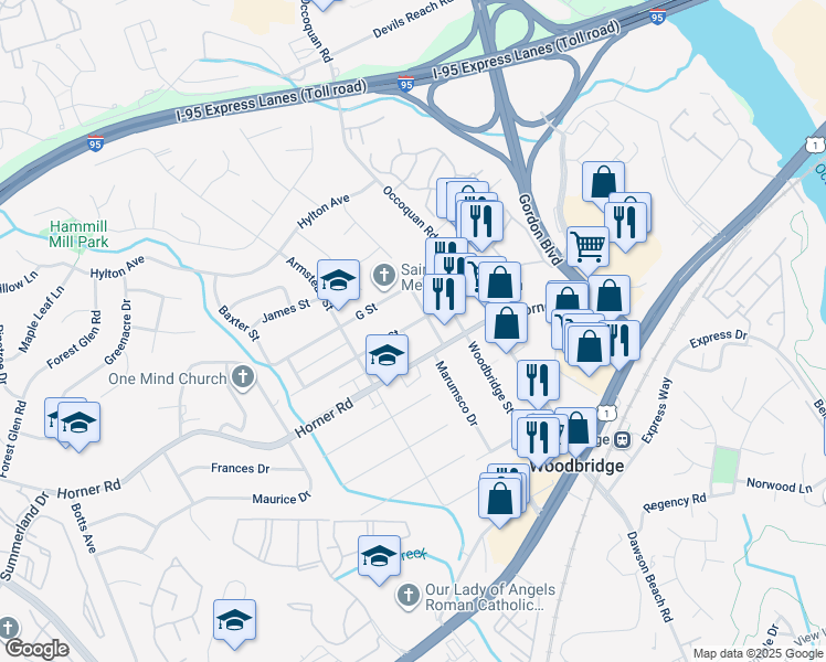 map of restaurants, bars, coffee shops, grocery stores, and more near 1405 F Street in Woodbridge