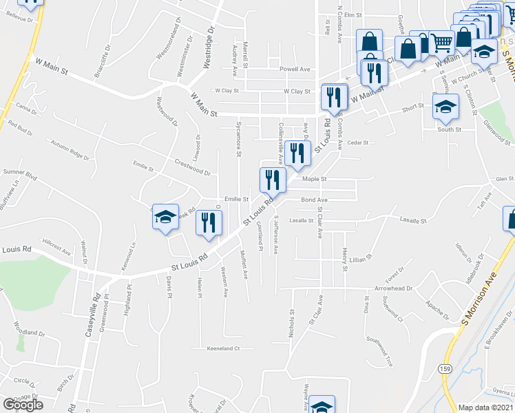 map of restaurants, bars, coffee shops, grocery stores, and more near 511 Saint Louis Road in Collinsville