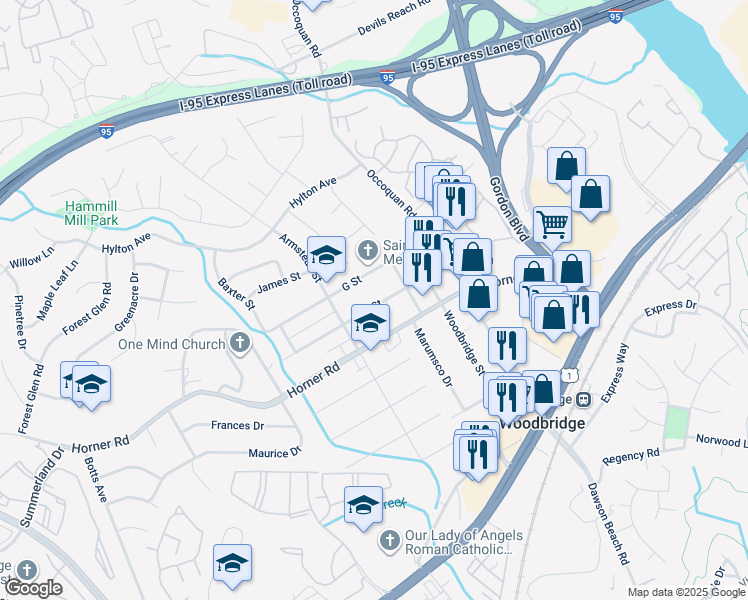 map of restaurants, bars, coffee shops, grocery stores, and more near 1410 F Street in Woodbridge