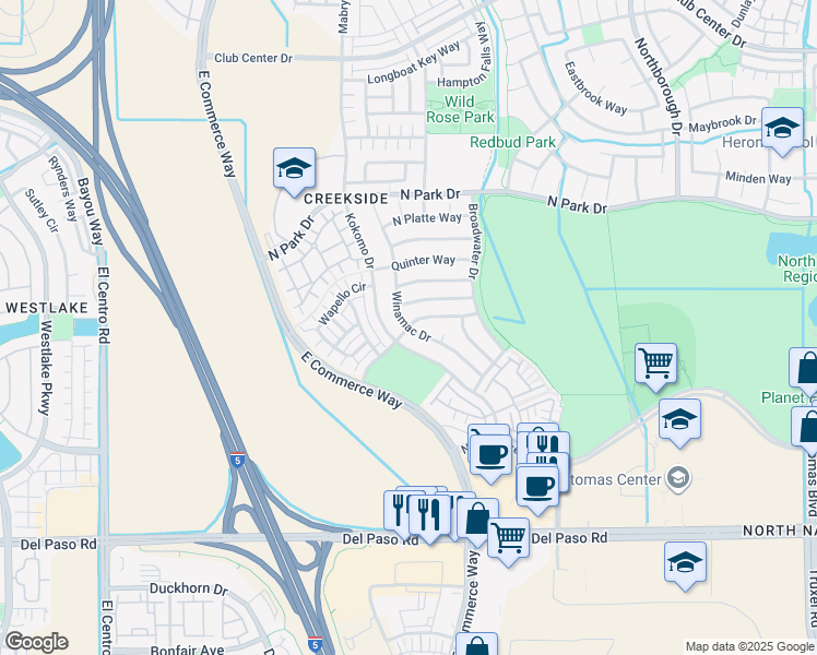 map of restaurants, bars, coffee shops, grocery stores, and more near 4858 Winamac Drive in Sacramento