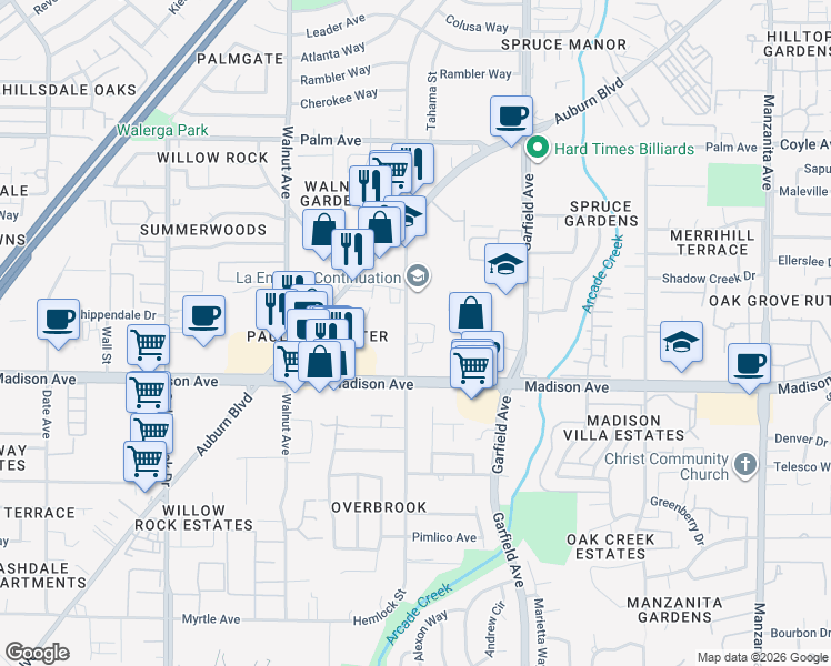 map of restaurants, bars, coffee shops, grocery stores, and more near 5316 Hemlock Street in Sacramento