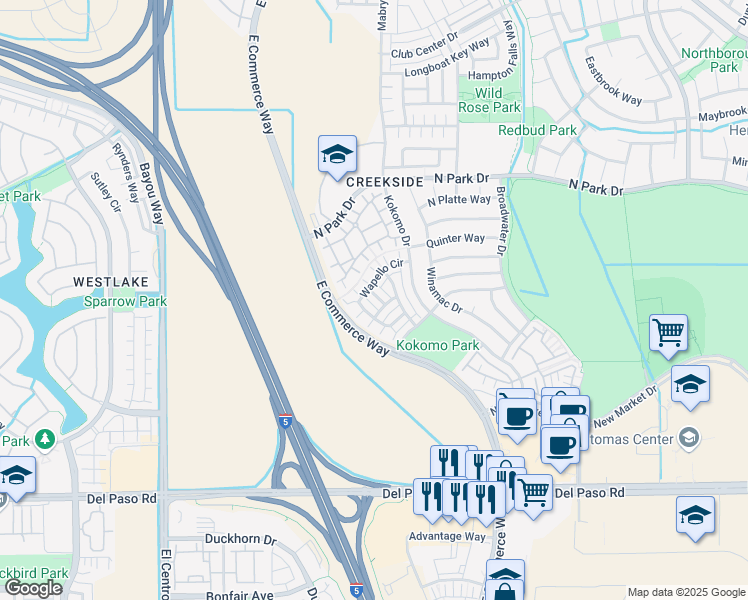 map of restaurants, bars, coffee shops, grocery stores, and more near 4921 Lieto Way in Sacramento