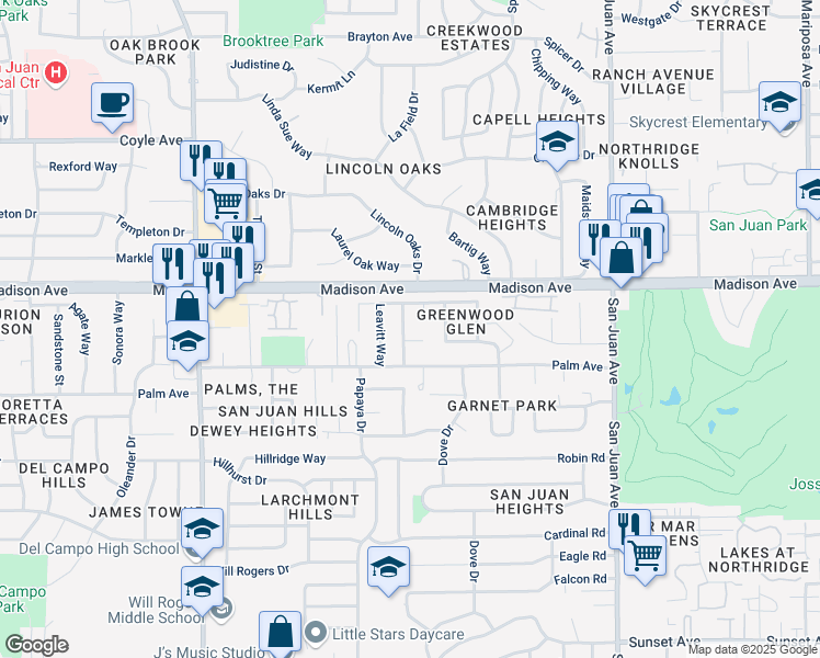 map of restaurants, bars, coffee shops, grocery stores, and more near 5327 Bellflower Way in Fair Oaks