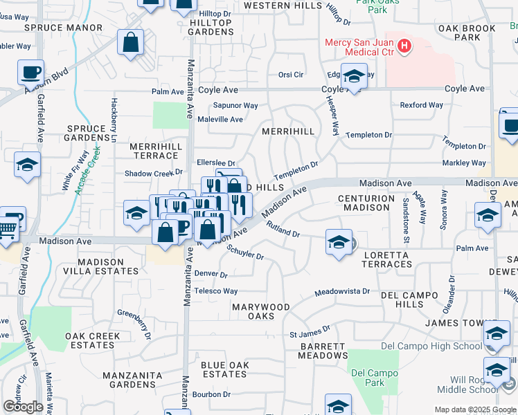 map of restaurants, bars, coffee shops, grocery stores, and more near 6105 Madison Avenue in Carmichael