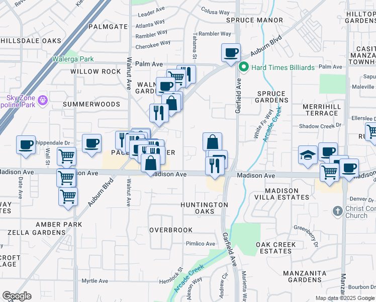 map of restaurants, bars, coffee shops, grocery stores, and more near 5316 Hemlock Street in Sacramento