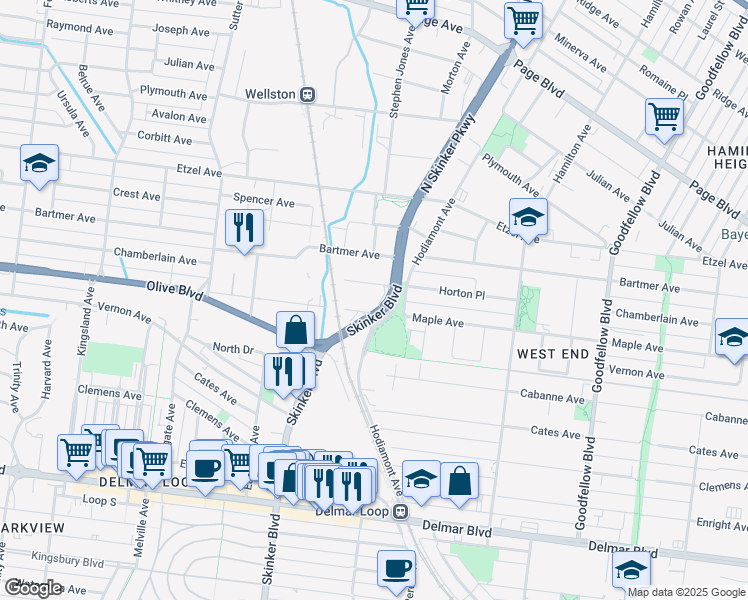 map of restaurants, bars, coffee shops, grocery stores, and more near 1019 North Skinker Parkway in St. Louis