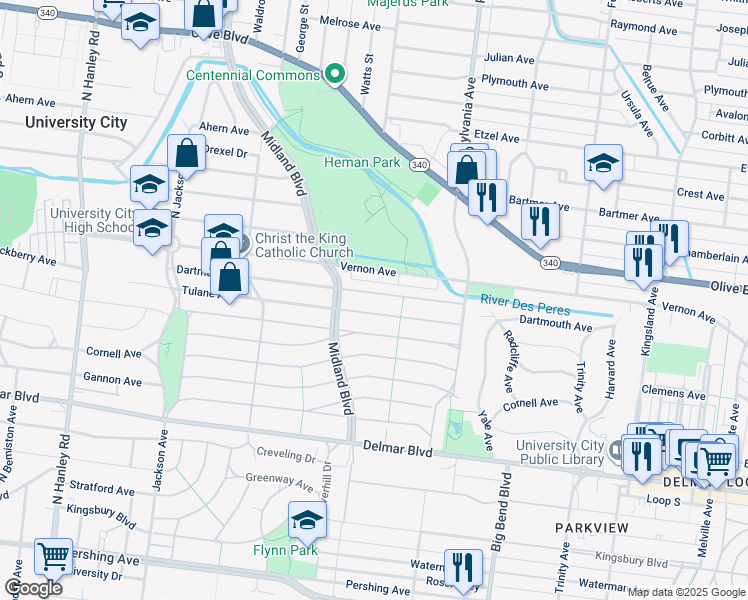 map of restaurants, bars, coffee shops, grocery stores, and more near 7120 Dartmouth Avenue in University City