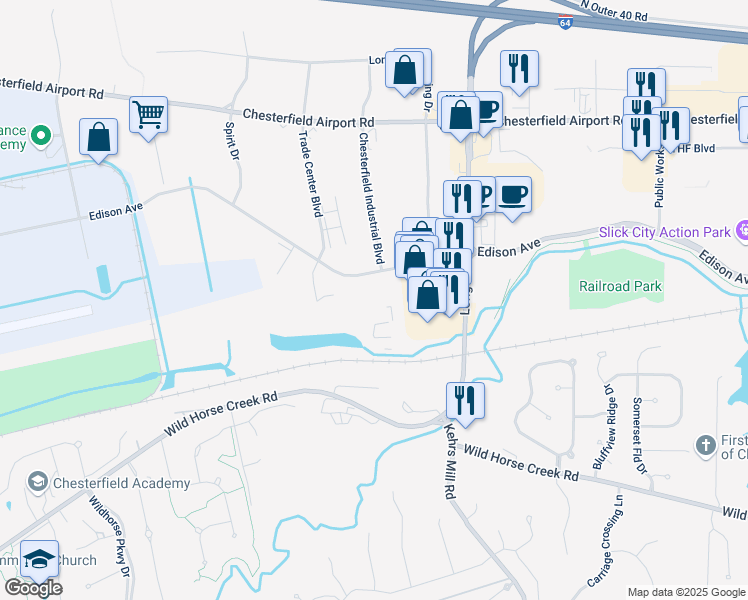 map of restaurants, bars, coffee shops, grocery stores, and more near 17724 Edison Avenue in Chesterfield