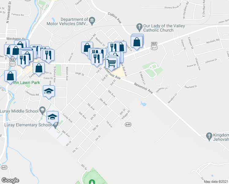map of restaurants, bars, coffee shops, grocery stores, and more near 305 9th Avenue in Luray