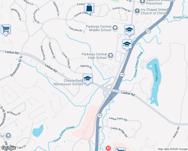 map of restaurants, bars, coffee shops, grocery stores, and more near 14017 Agusta Drive in Chesterfield