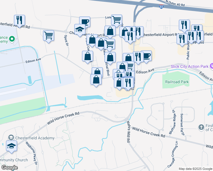 map of restaurants, bars, coffee shops, grocery stores, and more near 17724 Edison Avenue in Chesterfield