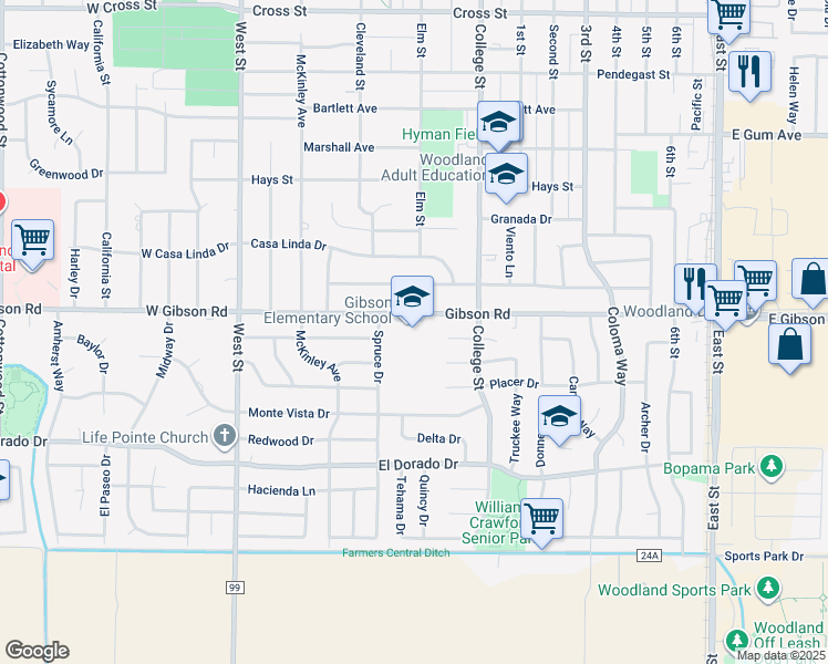 map of restaurants, bars, coffee shops, grocery stores, and more near 312 Gibson Road in Woodland