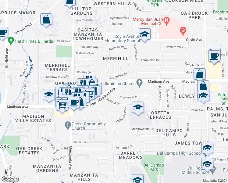 map of restaurants, bars, coffee shops, grocery stores, and more near 6124 Madison Avenue in Carmichael