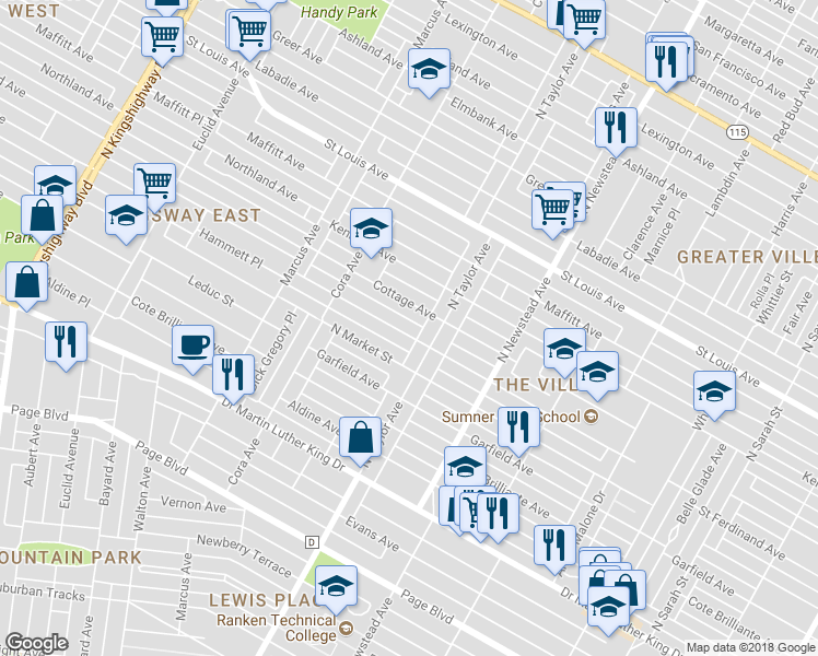 map of restaurants, bars, coffee shops, grocery stores, and more near 4529 Saint Ferdinand Avenue in St. Louis