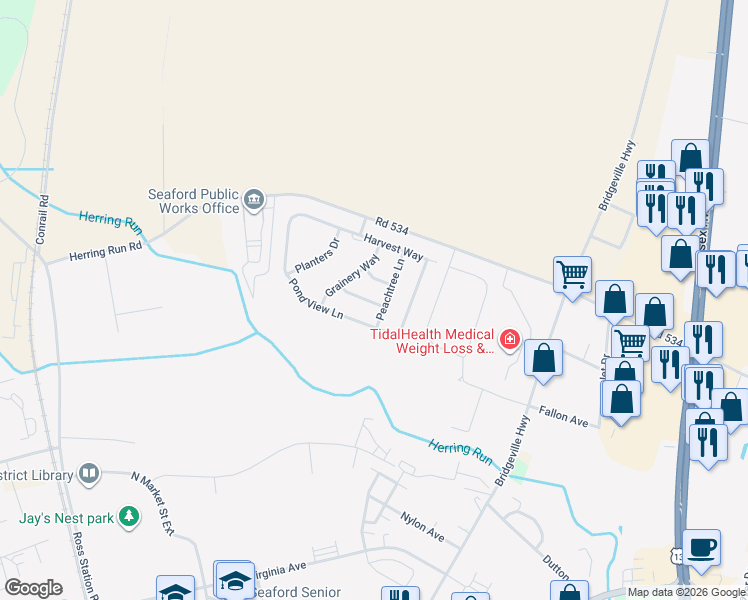 map of restaurants, bars, coffee shops, grocery stores, and more near 711 Four Seasons Court in Seaford
