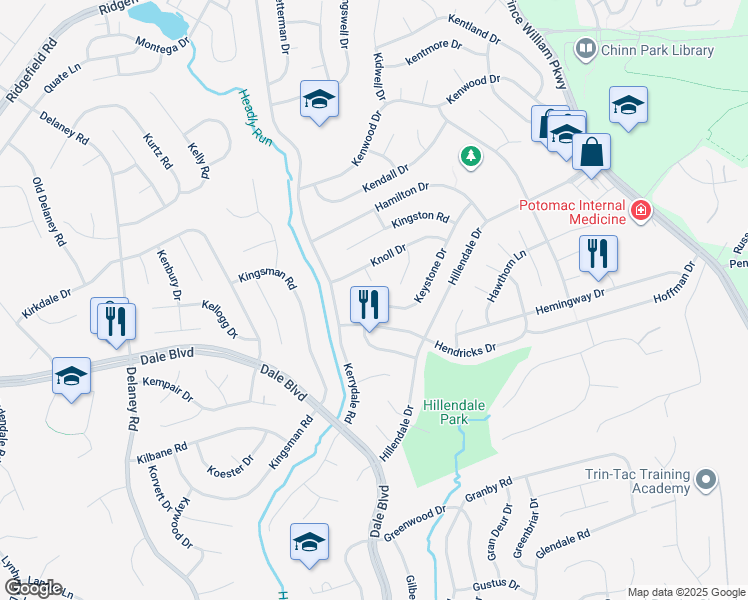 map of restaurants, bars, coffee shops, grocery stores, and more near 13342 Keystone Drive in Woodbridge
