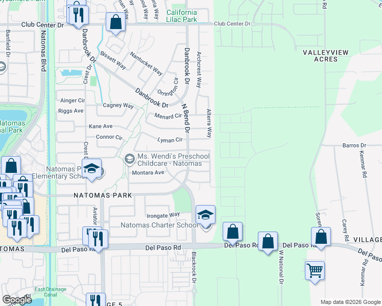 map of restaurants, bars, coffee shops, grocery stores, and more near 1570 Mayfield Street in Sacramento