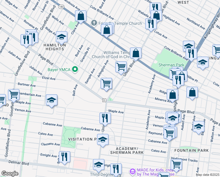 map of restaurants, bars, coffee shops, grocery stores, and more near 5300 Minerva Avenue in St. Louis