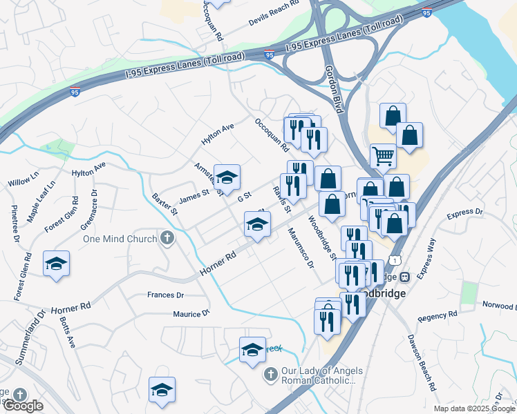map of restaurants, bars, coffee shops, grocery stores, and more near 1410 F Street in Woodbridge