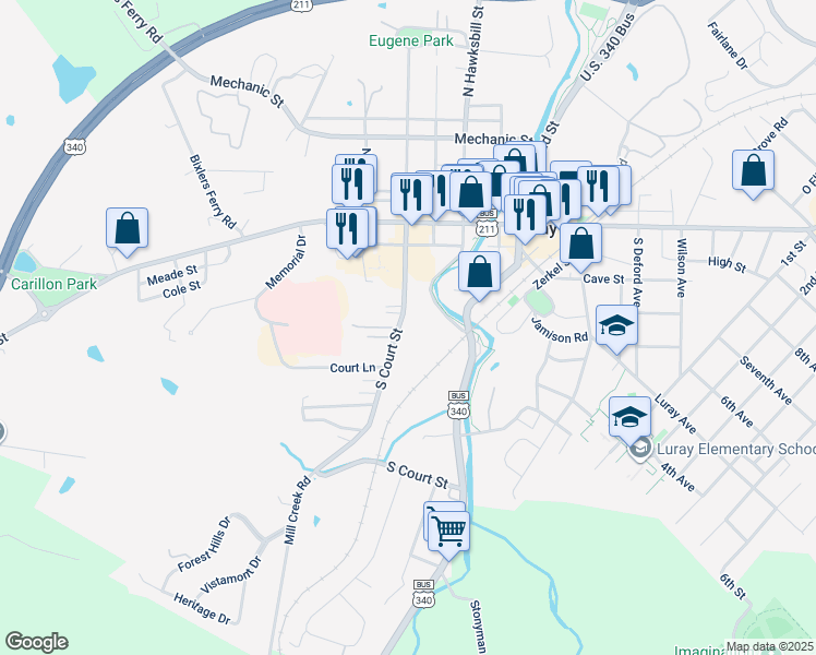 map of restaurants, bars, coffee shops, grocery stores, and more near 143 South Court Street in Luray