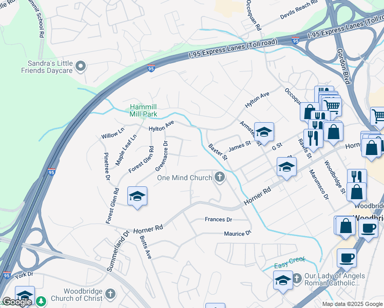 map of restaurants, bars, coffee shops, grocery stores, and more near 1706 Varsity Dr in Woodbridge